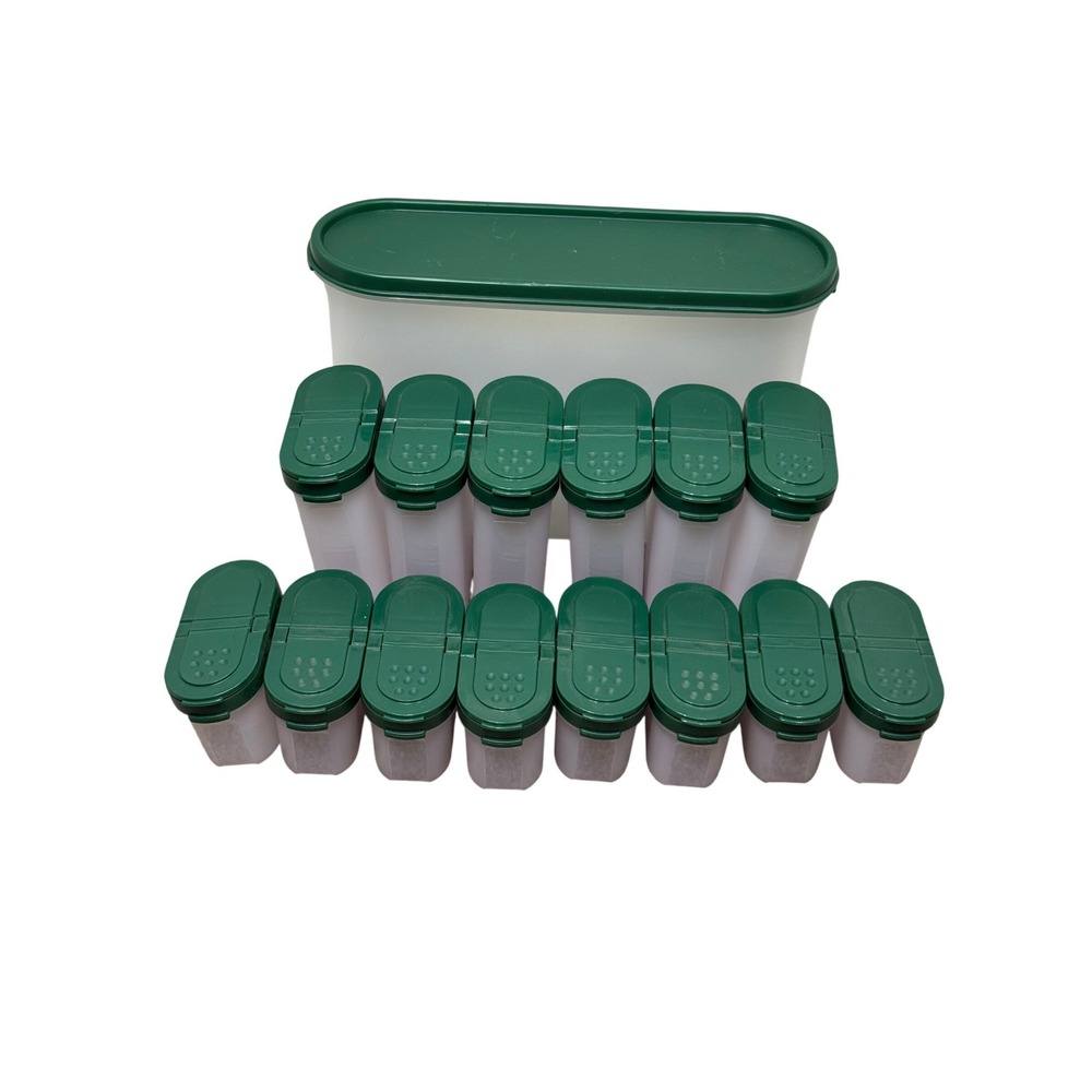 Tupperware Modular Mates Spice Shaker Set 15pc Hunter Green lids Lot VTG - Picture 6 of 6